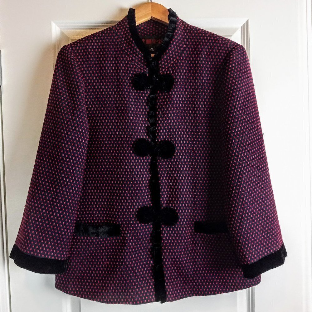 Navy Blue Burgundy Black Velvet Trim Frog Closure Jacket